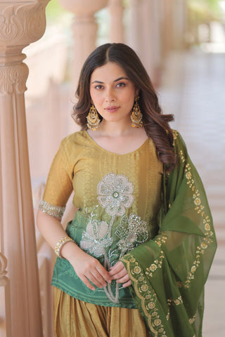 Mehendi Chinnon Print Kurti Set with Rich Beads Embroidery & Tebby Silk Dupatta – 3-Piece Ethnic Wear for Women ClothsVilla
