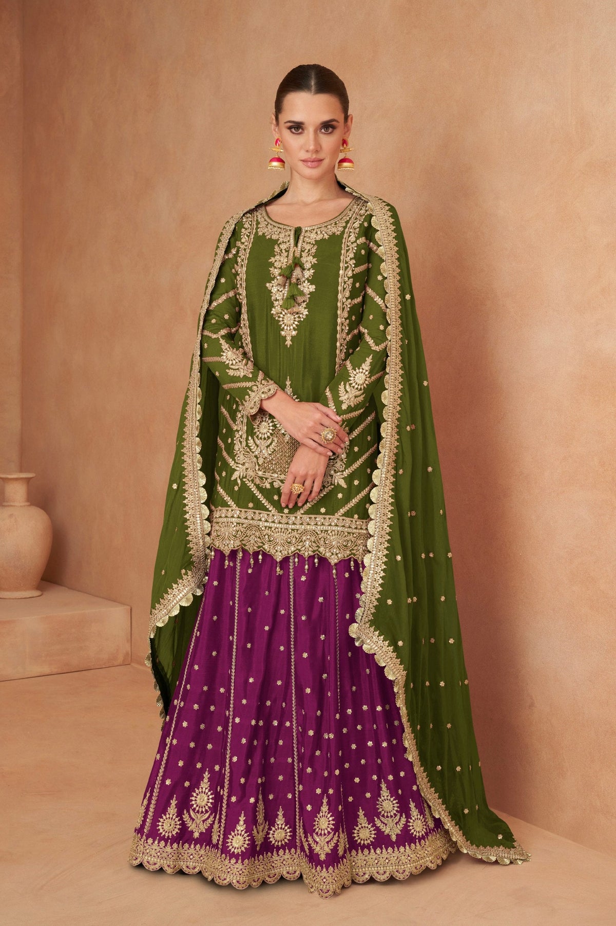 Mehendi Chinon Embroidered Lehenga Set with Dupatta ClothsVilla Main image