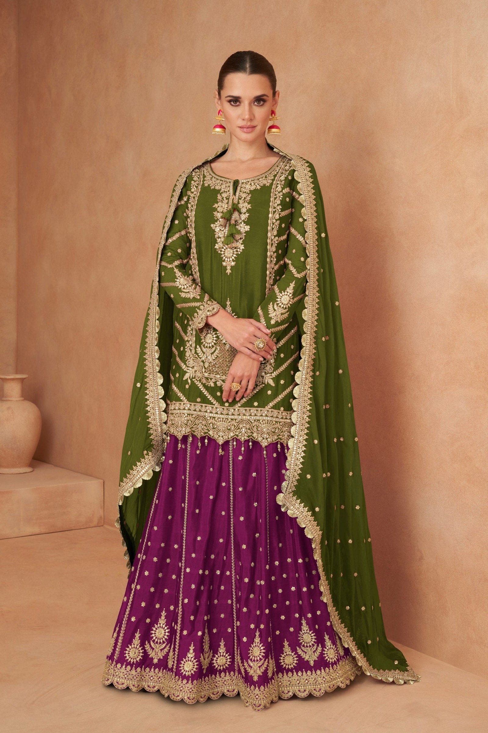 Mehendi Chinon Embroidered Lehenga Set with Dupatta ClothsVilla