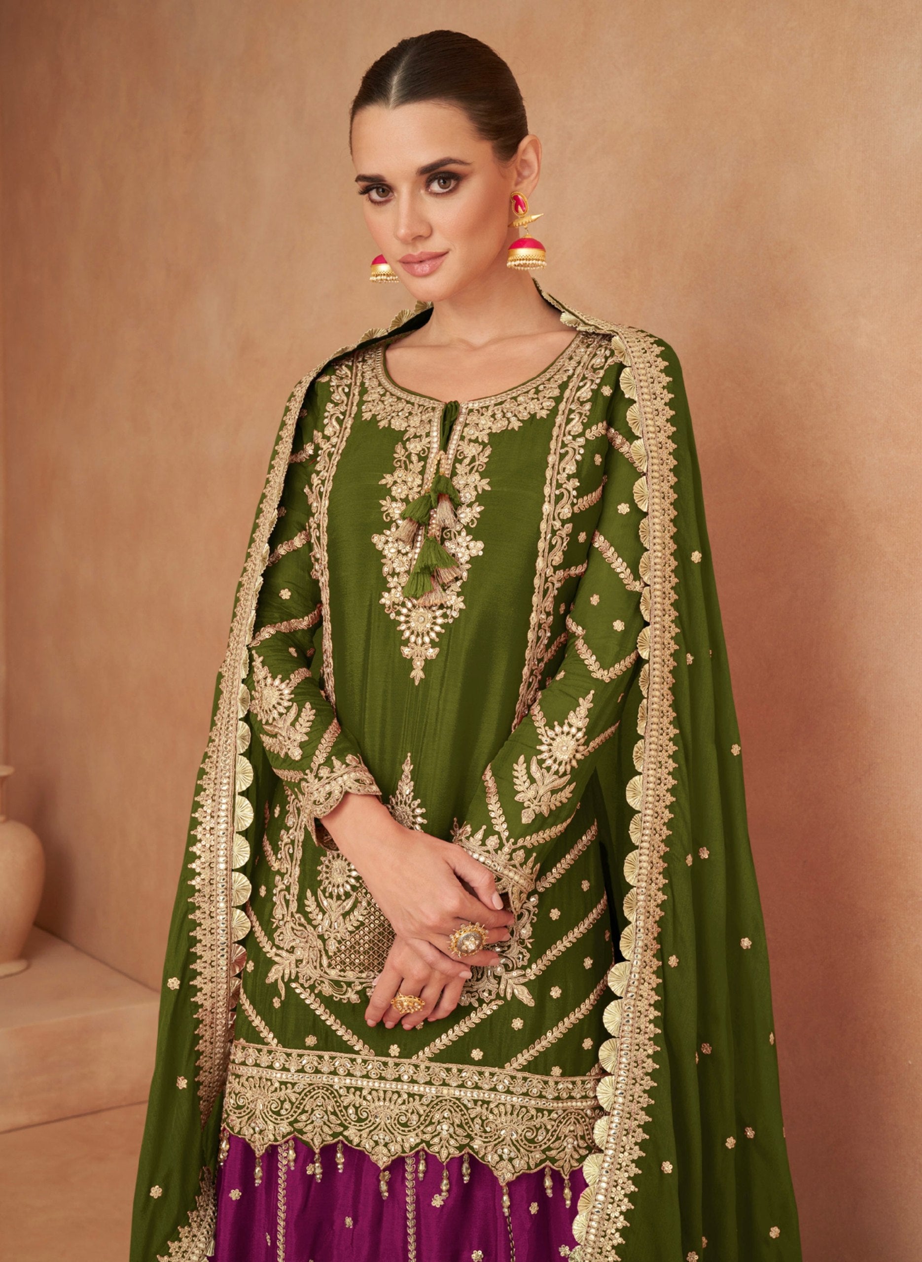 Mehendi Chinon Embroidered Lehenga Set with Dupatta ClothsVilla