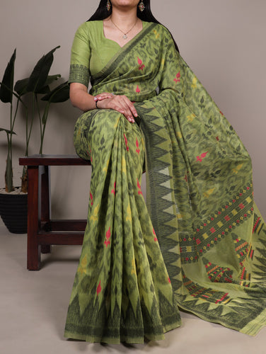 Mehendi Classic Poly Cotton Saree with Intricate Thread Weaving Work – Lightweight Everyday & Occasion Wear Unstitched Blouse Included ClothsVilla