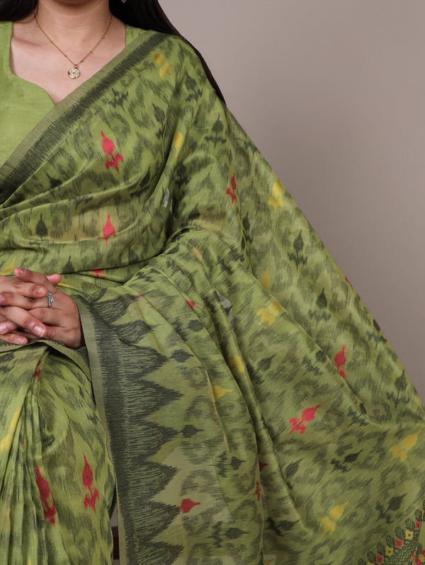 Mehendi Classic Poly Cotton Saree with Intricate Thread Weaving Work – Lightweight Everyday & Occasion Wear Unstitched Blouse Included ClothsVilla