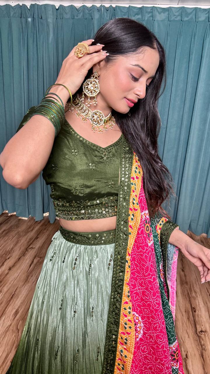 Mehendi Cultural Grace – Elegant Chinon Silk Lehenga Set ClothsVilla
