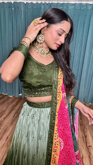 Mehendi Cultural Grace – Elegant Chinon Silk Lehenga Set ClothsVilla