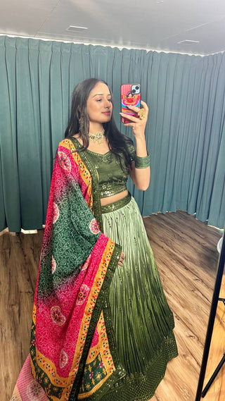 Mehendi Cultural Grace – Elegant Chinon Silk Lehenga Set ClothsVilla