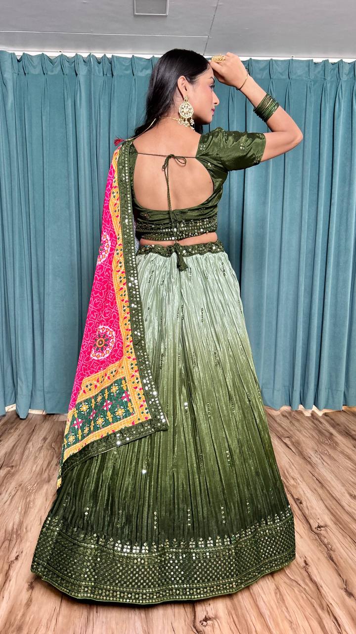 Mehendi Cultural Grace – Elegant Chinon Silk Lehenga Set ClothsVilla