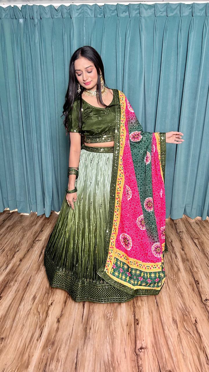 Mehendi Cultural Grace – Elegant Chinon Silk Lehenga Set ClothsVilla