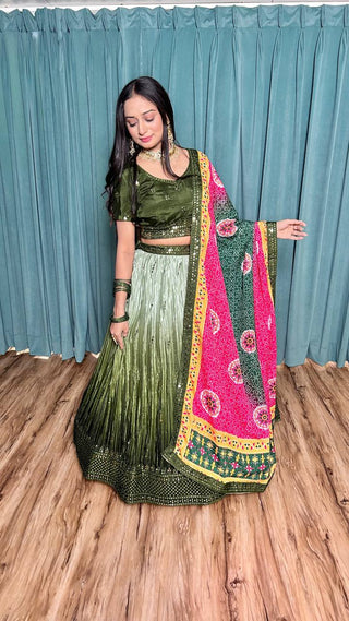 Mehendi Cultural Grace – Elegant Chinon Silk Lehenga Set ClothsVilla