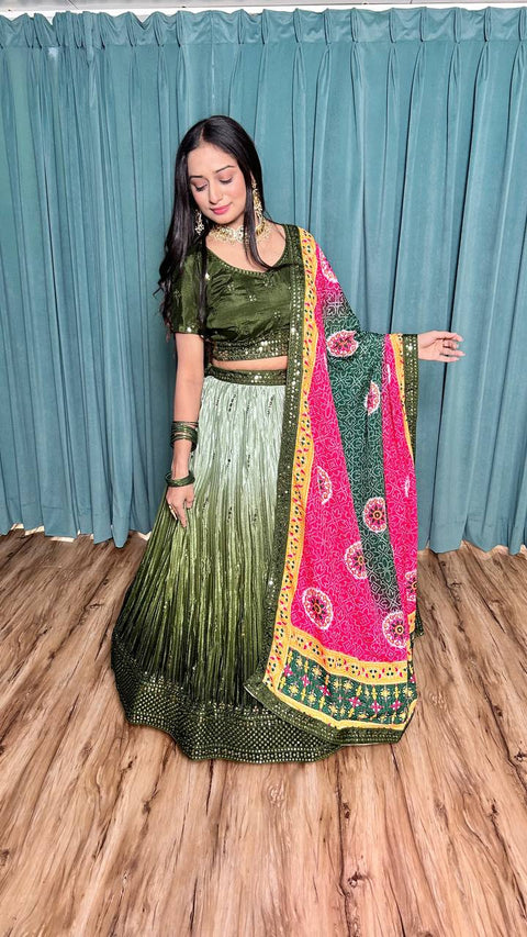 Mehendi Cultural Grace – Elegant Chinon Silk Lehenga Set ClothsVilla Main image