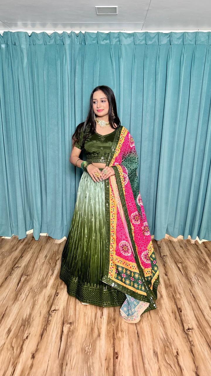 Mehendi Cultural Grace – Elegant Chinon Silk Lehenga Set ClothsVilla