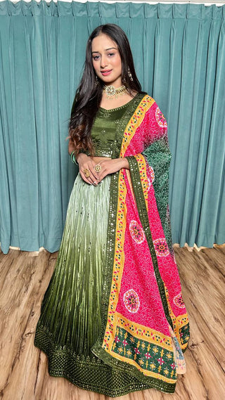 Mehendi Cultural Grace – Elegant Chinon Silk Lehenga Set ClothsVilla