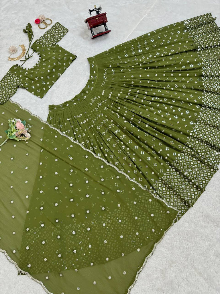 Mehendi Designer Faux Georgette Semi-Stitched Lehenga Set with 9mm Sequin Embroidery & Cutwork Dupatta Clothsvilla