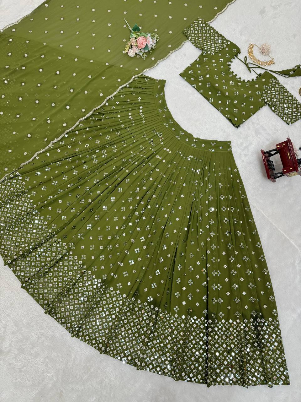 Mehendi Designer Faux Georgette Semi-Stitched Lehenga Set with 9mm Sequin Embroidery & Cutwork Dupatta Clothsvilla