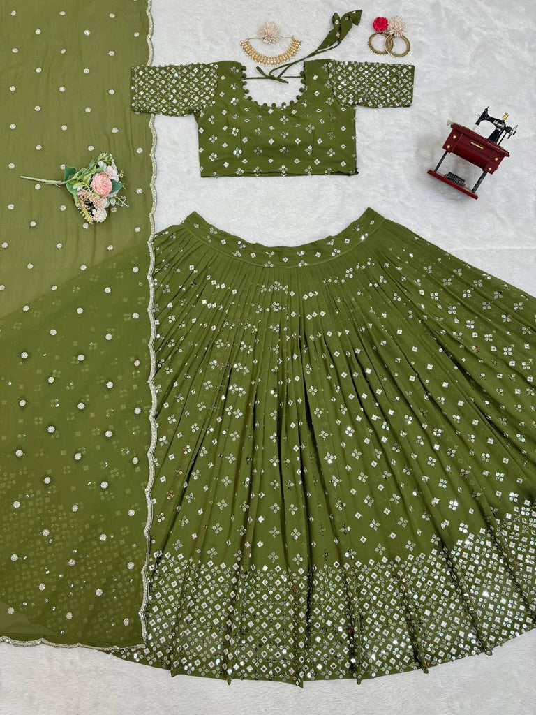 Mehendi Designer Faux Georgette Semi-Stitched Lehenga Set with 9mm Sequin Embroidery & Cutwork Dupatta Clothsvilla