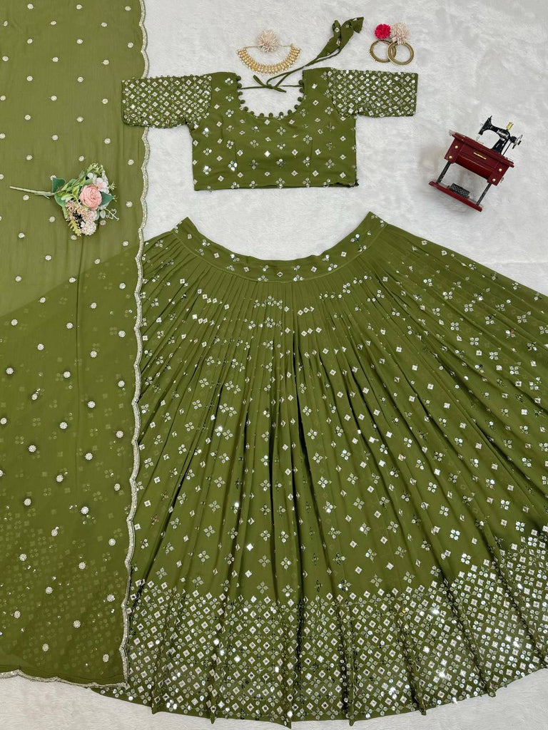 Mehendi Designer Faux Georgette Semi-Stitched Lehenga Set with 9mm Sequin Embroidery & Cutwork Dupatta Clothsvilla