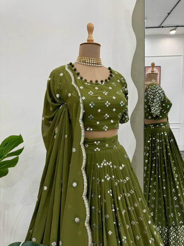 Mehendi Designer Faux Georgette Semi-Stitched Lehenga Set with 9mm Sequin Embroidery & Cutwork Dupatta Clothsvilla