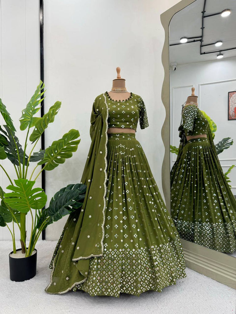Mehendi Designer Faux Georgette Semi-Stitched Lehenga Set with 9mm Sequin Embroidery & Cutwork Dupatta Clothsvilla