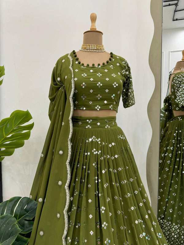 Mehendi Designer Faux Georgette Semi-Stitched Lehenga Set with 9mm Sequin Embroidery & Cutwork Dupatta Clothsvilla