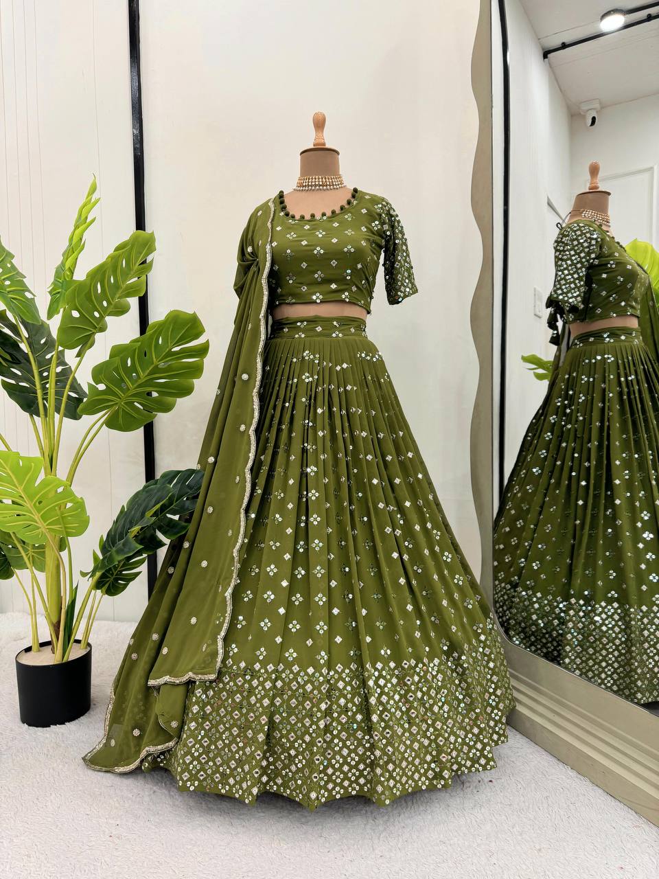 Mehendi Designer Faux Georgette Semi-Stitched Lehenga Set with 9mm Sequin Embroidery & Cutwork Dupatta Clothsvilla