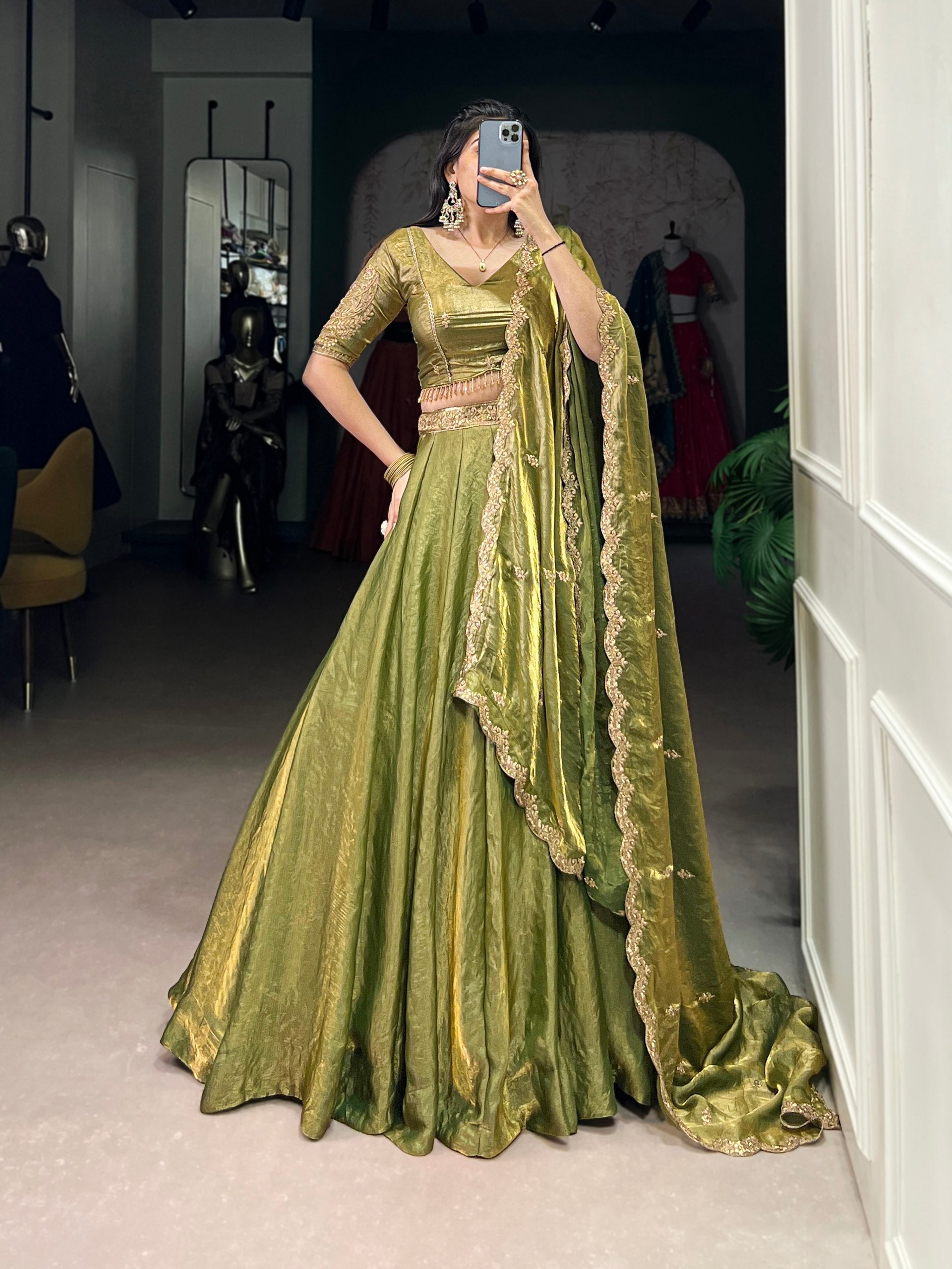 Mehendi Designer Fendi Lehenga Choli Set with Sequins & Thread Embroidery  Heavy Flair Stitched Lehenga with Dupatta ClothsVilla