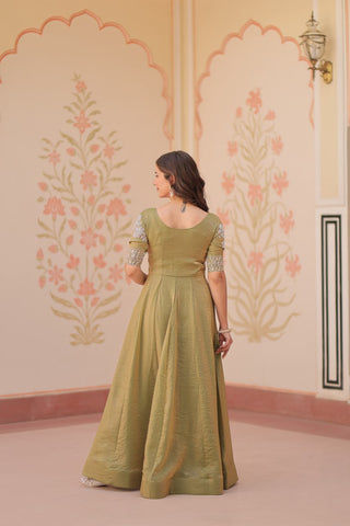 Mehendi Designer Fendy Embroidered Gown with Bead Detailing | Kali Pattern Stitch ClothsVilla