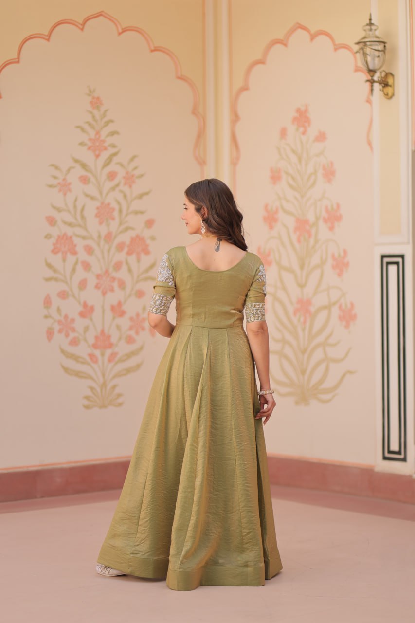 Mehendi Designer Fendy Embroidered Gown with Bead Detailing | Kali Pattern Stitch ClothsVilla