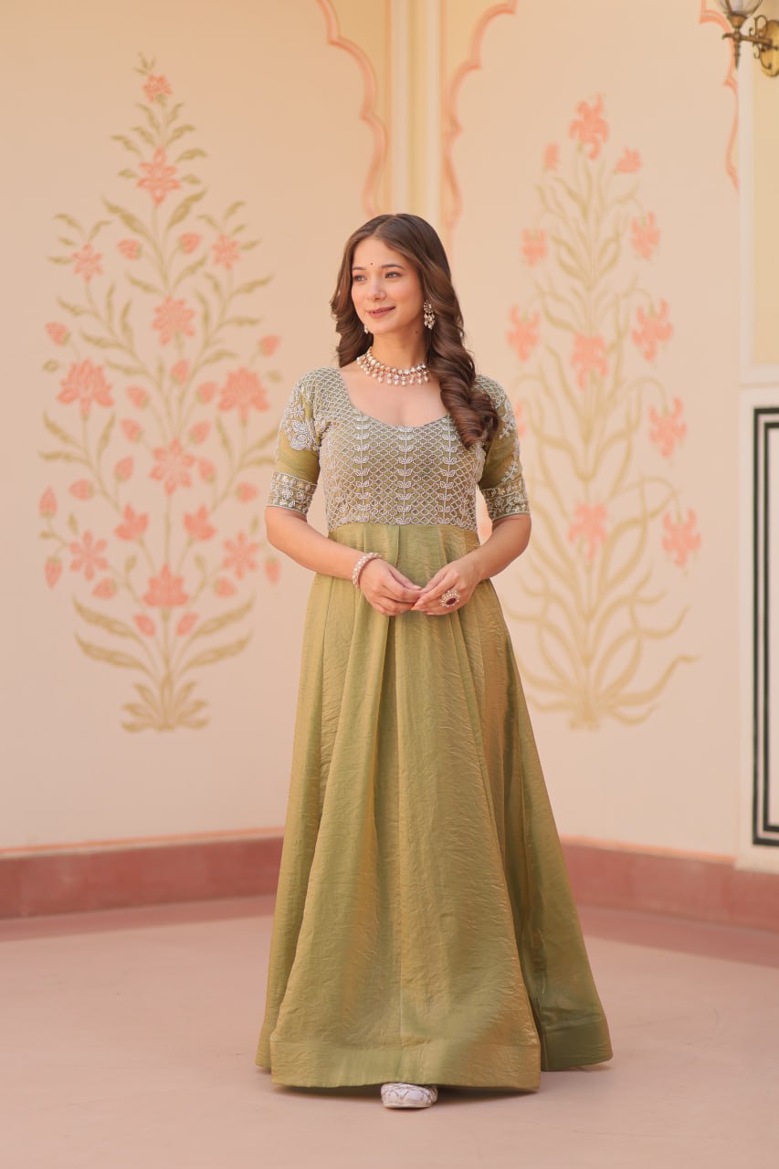 Mehendi Designer Fendy Embroidered Gown with Bead Detailing | Kali Pattern Stitch ClothsVilla