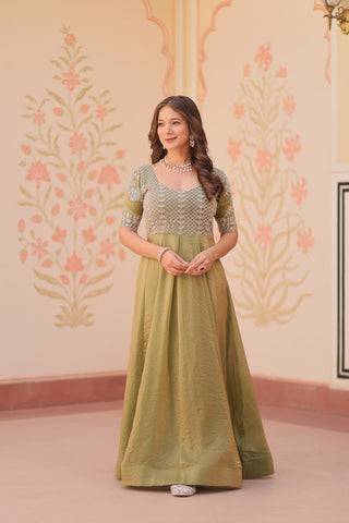 Mehendi Designer Fendy Embroidered Gown with Bead Detailing | Kali Pattern Stitch ClothsVilla