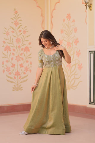 Mehendi Designer Fendy Embroidered Gown with Bead Detailing | Kali Pattern Stitch ClothsVilla