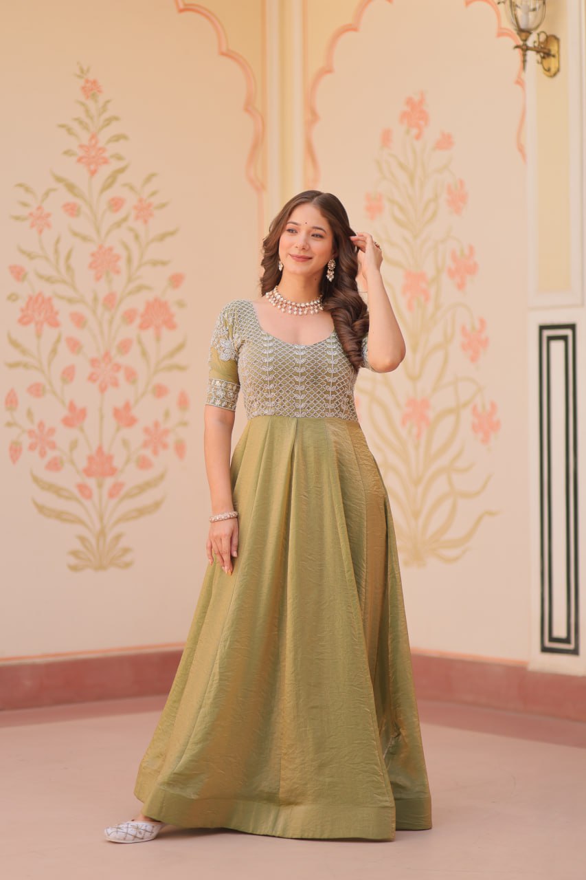 Mehendi Designer Fendy Embroidered Gown with Bead Detailing | Kali Pattern Stitch ClothsVilla