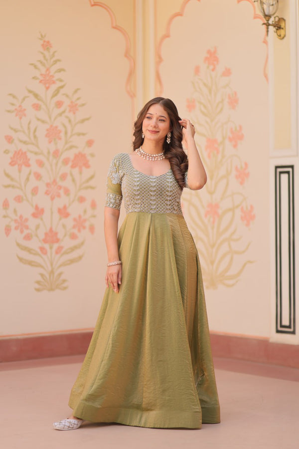 Mehendi Designer Fendy Embroidered Gown with Bead Detailing | Kali Pattern Stitch ClothsVilla