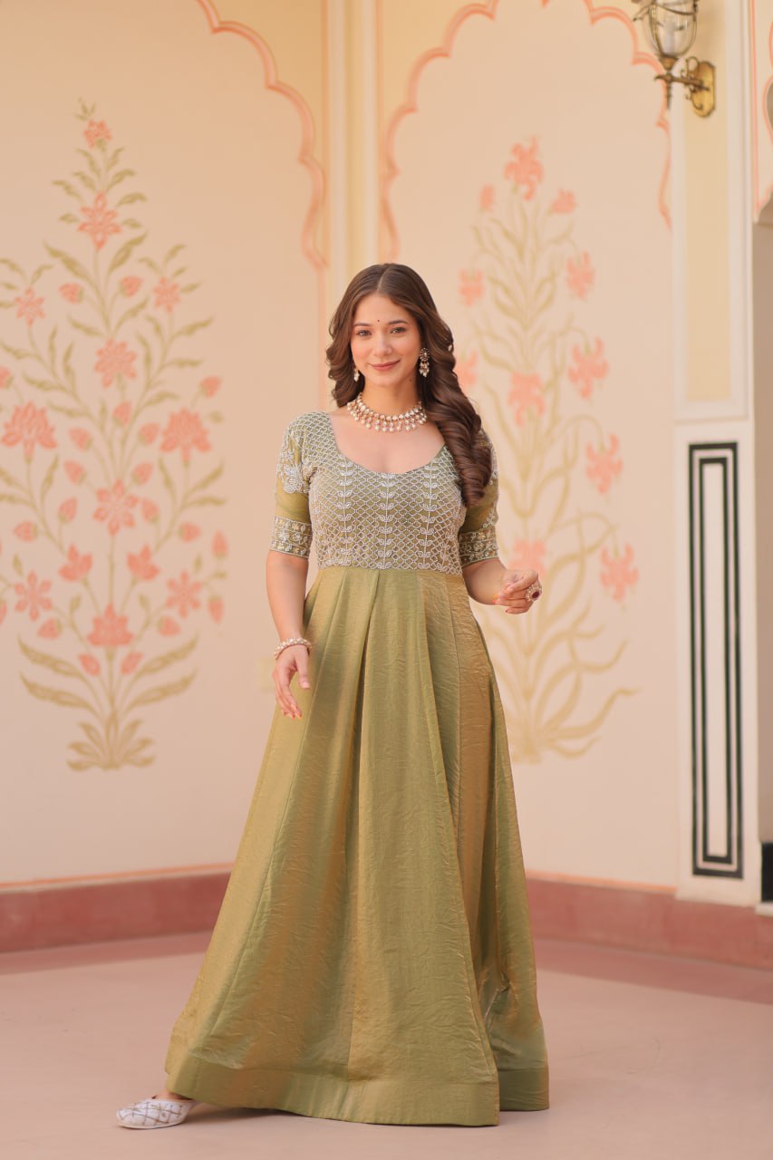 Mehendi Designer Fendy Embroidered Gown with Bead Detailing | Kali Pattern Stitch ClothsVilla