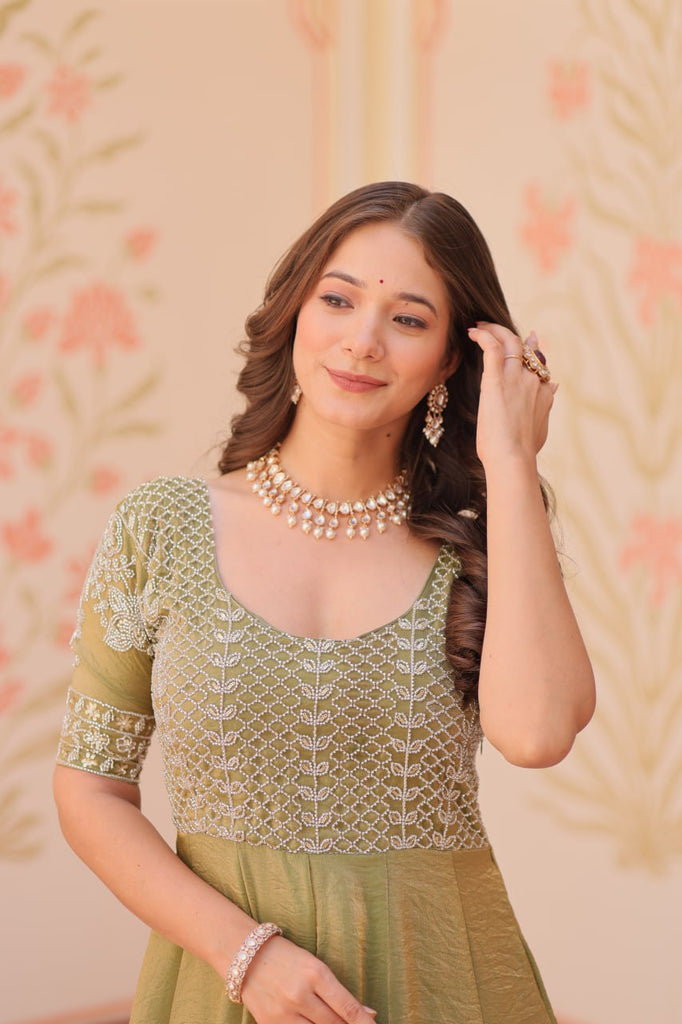 Mehendi Designer Fendy Embroidered Gown with Bead Detailing | Kali Pattern Stitch ClothsVilla