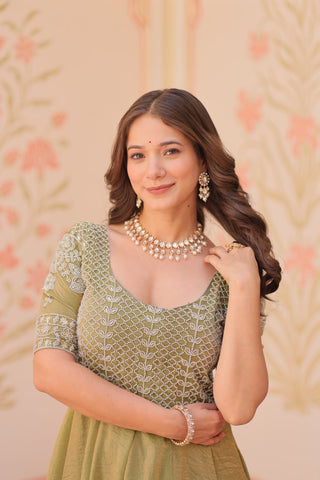 Mehendi Designer Fendy Embroidered Gown with Bead Detailing | Kali Pattern Stitch ClothsVilla