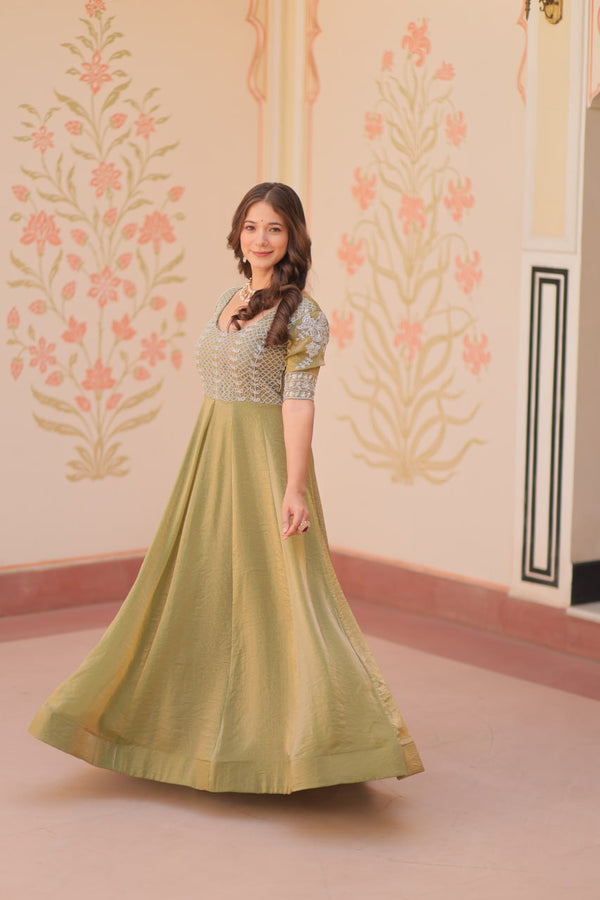 Mehendi Designer Fendy Embroidered Gown with Bead Detailing | Kali Pattern Stitch ClothsVilla
