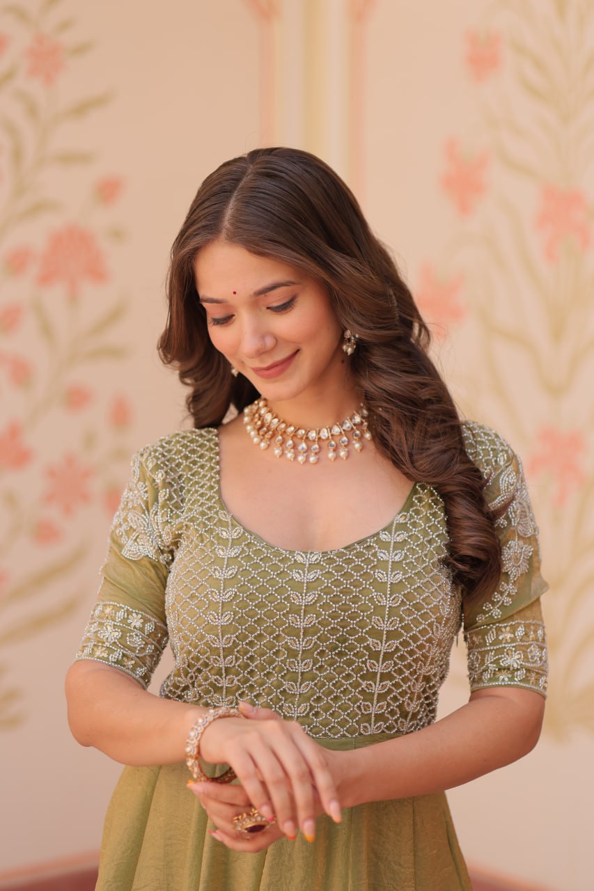 Mehendi Designer Fendy Embroidered Gown with Bead Detailing | Kali Pattern Stitch ClothsVilla