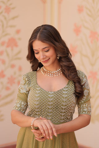 Mehendi Designer Fendy Embroidered Gown with Bead Detailing | Kali Pattern Stitch ClothsVilla