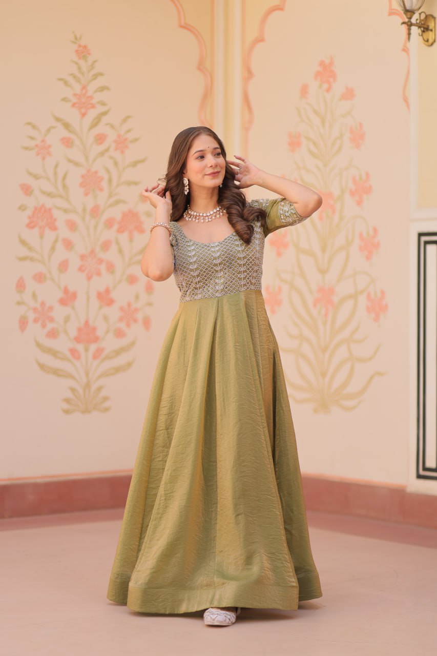 Mehendi Designer Fendy Embroidered Gown with Bead Detailing | Kali Pattern Stitch ClothsVilla