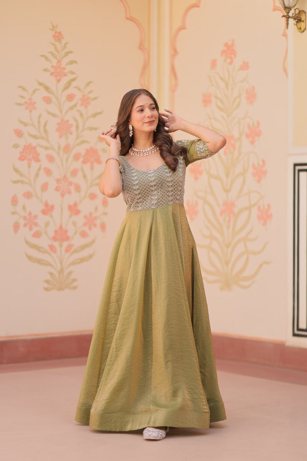 Mehendi Designer Fendy Embroidered Gown with Bead Detailing | Kali Pattern Stitch ClothsVilla