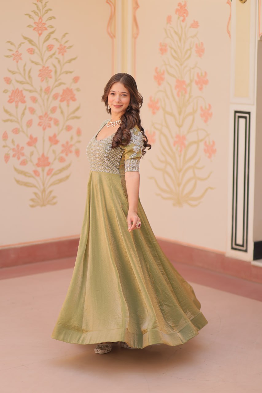 Mehendi Designer Fendy Embroidered Gown with Bead Detailing | Kali Pattern Stitch ClothsVilla