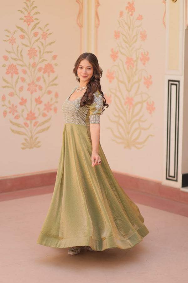 Mehendi Designer Fendy Embroidered Gown with Bead Detailing | Kali Pattern Stitch ClothsVilla