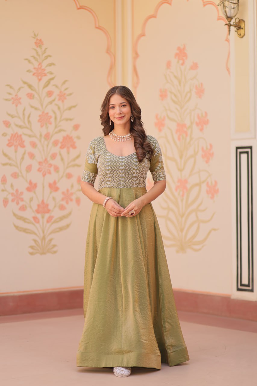 Mehendi Designer Fendy Embroidered Gown with Bead Detailing | Kali Pattern Stitch ClothsVilla