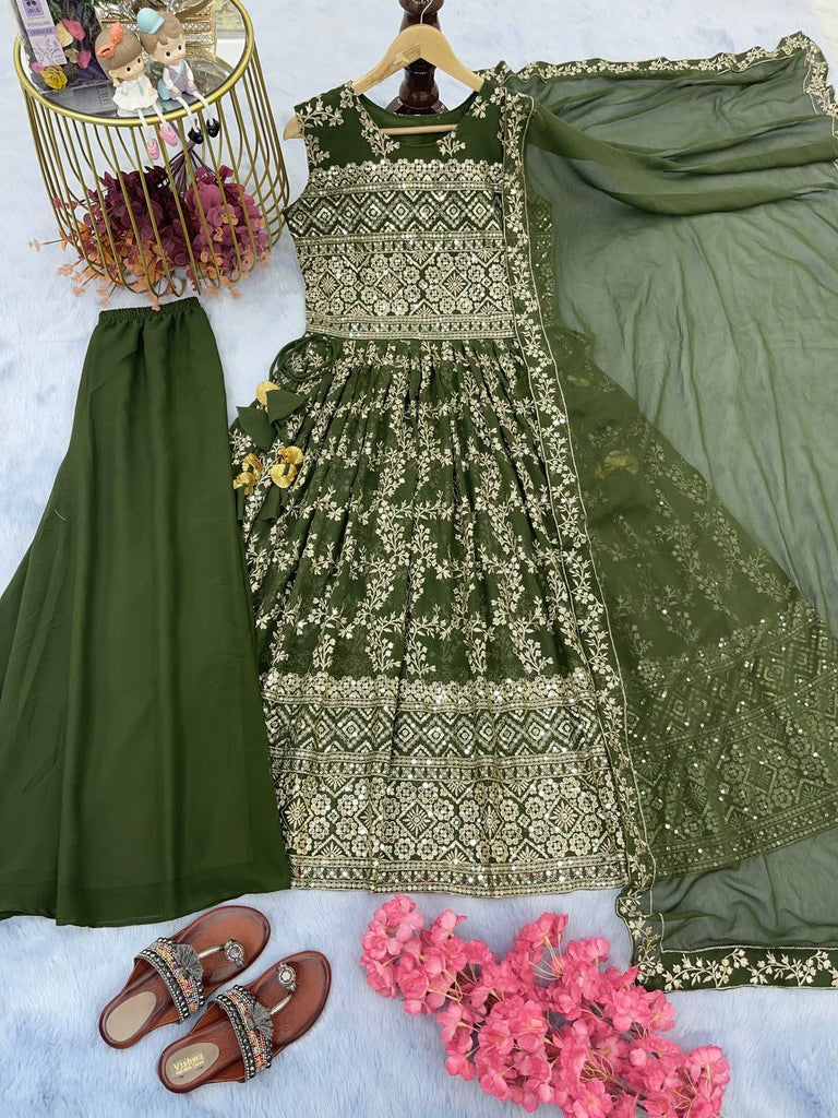 Mehendi Designer Nayra Cut Party Wear Long Top, Dupatta & Palazzo Set – Elegance Redefined Clothsvilla