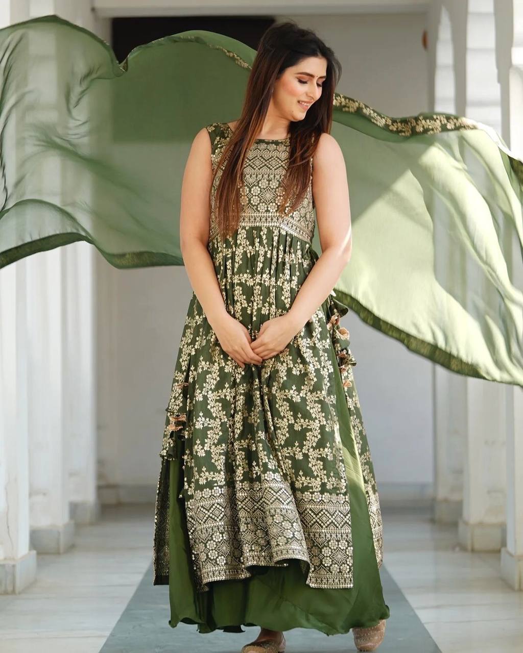 Mehendi Designer Nayra Cut Party Wear Long Top, Dupatta & Palazzo Set – Elegance Redefined Clothsvilla Main image