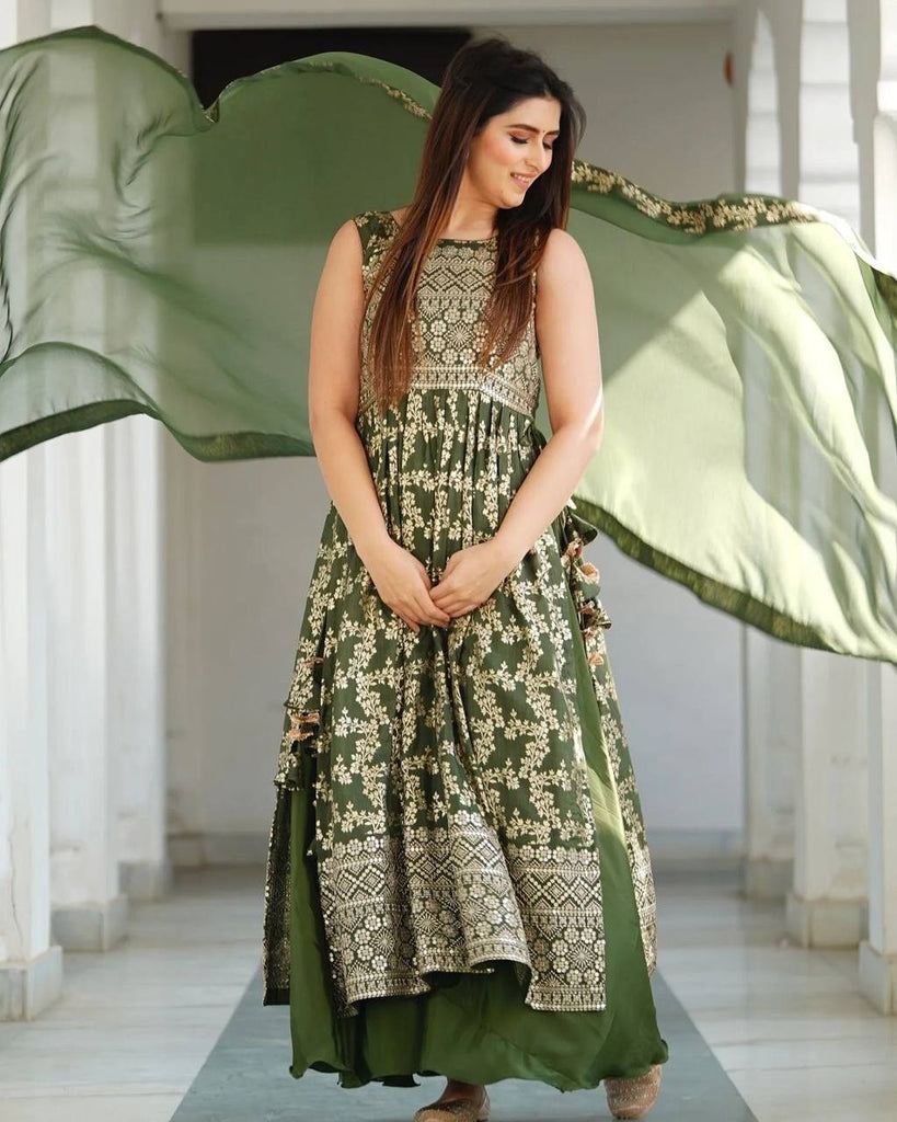 Mehendi Designer Nayra Cut Party Wear Long Top, Dupatta & Palazzo Set – Elegance Redefined Clothsvilla