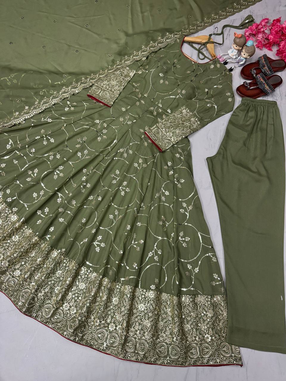 Mehendi Designer Party Wear Fancy Anarkali Gown with Dupatta & Bottom Set – Elegant Embroidered Look ClothsVilla