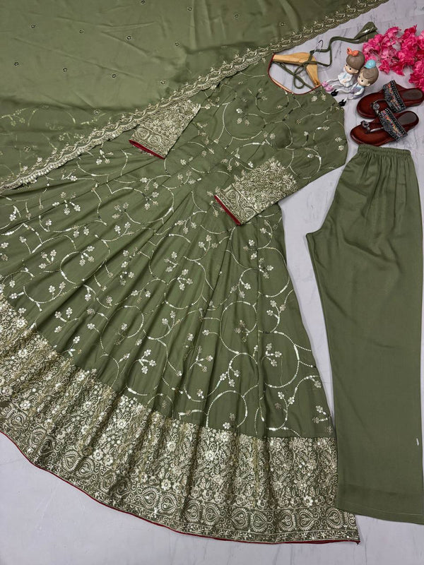 Mehendi Designer Party Wear Fancy Anarkali Gown with Dupatta & Bottom Set – Elegant Embroidered Look ClothsVilla