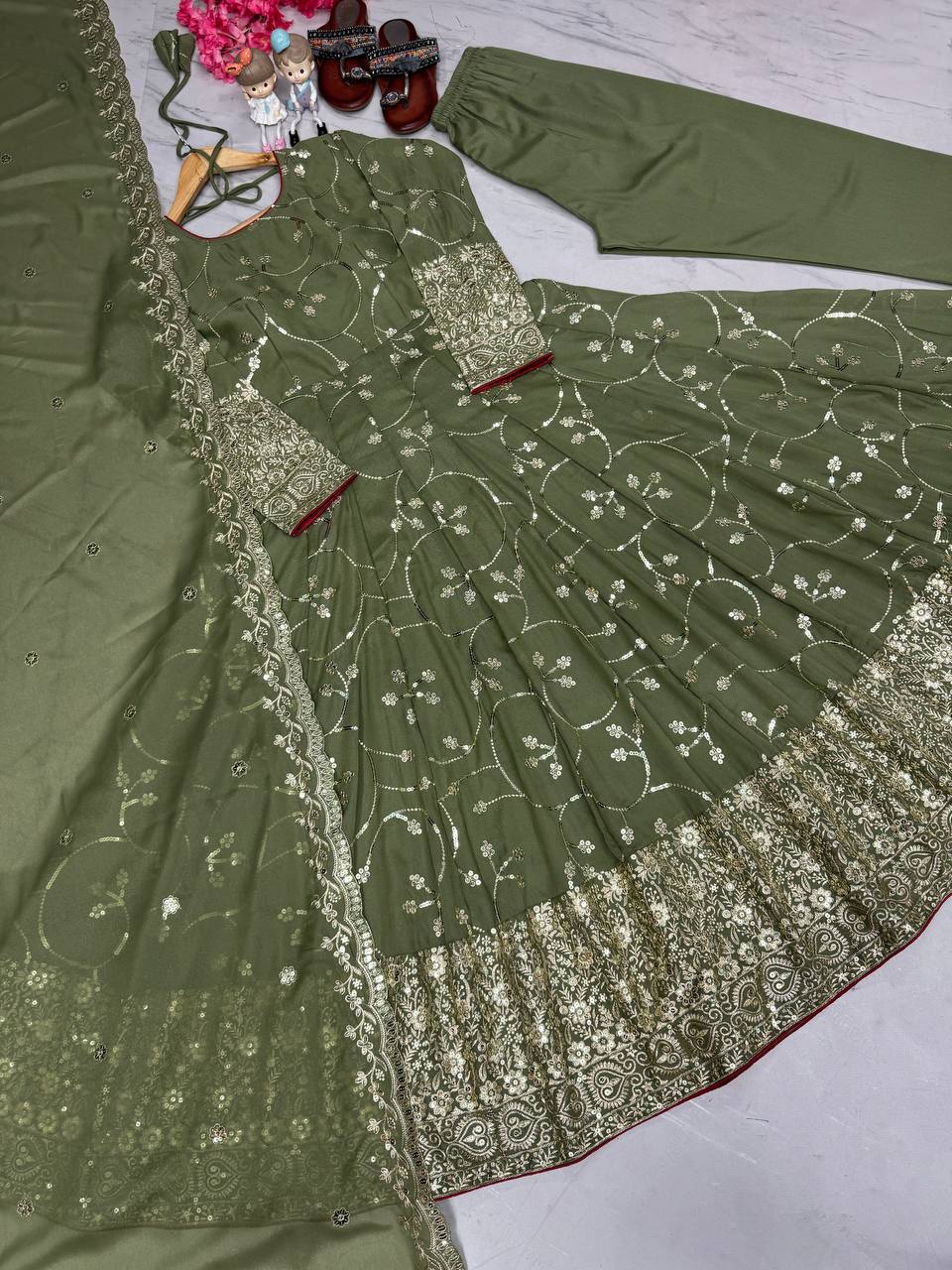 Mehendi Designer Party Wear Fancy Anarkali Gown with Dupatta & Bottom Set – Elegant Embroidered Look ClothsVilla