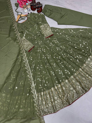 Mehendi Designer Party Wear Fancy Anarkali Gown with Dupatta & Bottom Set – Elegant Embroidered Look ClothsVilla