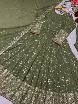 Mehendi Designer Party Wear Fancy Anarkali Gown with Dupatta & Bottom Set – Elegant Embroidered Look ClothsVilla